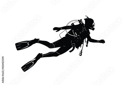 Silhouette of a scuba diver swimming underwater, isolated on white background