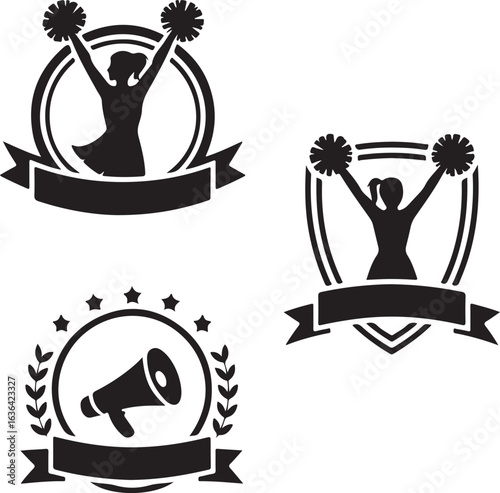 Three Black Silhouettes Icons Cheerleader Megaphone Emblem on White Background cheerleading