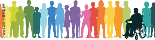 Inclusive diverse community silhouettes, colorful people illustration, disability and accessibility representation, unity, support, equality, social awareness, human rights design.