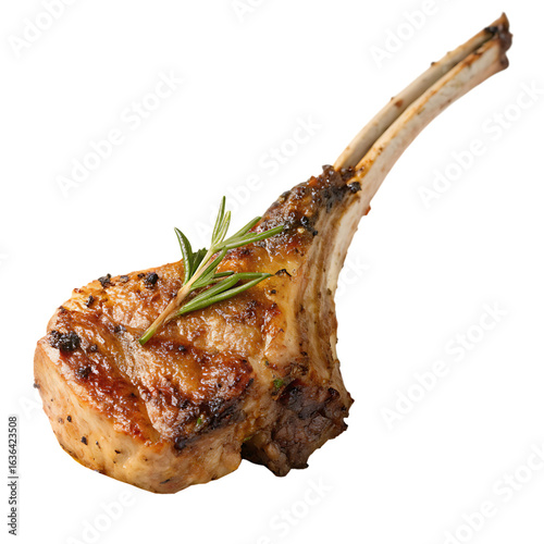 A whole single roasted lamb chop isolated on a transparent background