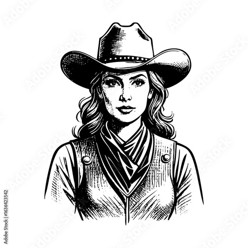 cowgirl wear hat and scarf portrait sketch ink graphic illustration, draft silhouette drawing, black on white line art.