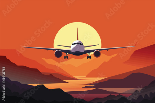 A collection of illustrations featuring commercial airplanes in flight scenarios and settings, from landing to soaring through the sky