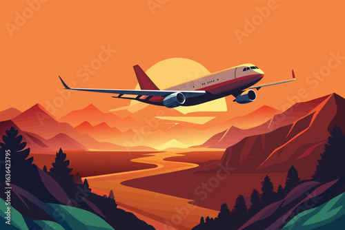 A collection of illustrations featuring commercial airplanes in flight scenarios and settings, from landing to soaring through the sky