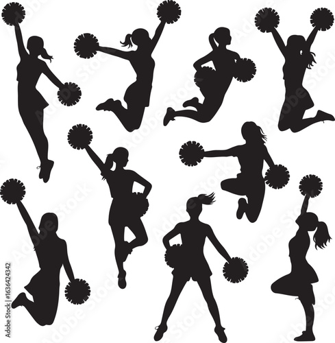 Collection of dynamic cheerleader silhouettes with pom poms on white background cheerleading