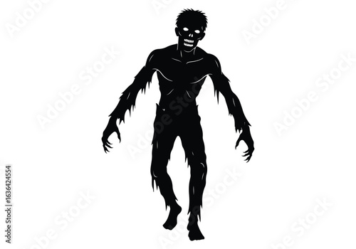 Silhouette of a scary zombie monster with glowing eyes, isolated on white background