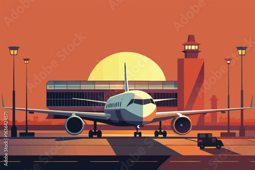 A collection of illustrations featuring commercial airplanes in flight scenarios and settings, from landing to soaring through the sky