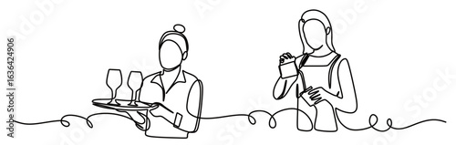 continuous line art of two women who work as cafe waitresses pouring drinks into glasses carrying a glass of drink isolated with a transparent background.