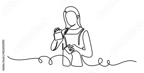 Continuous line art of a woman who works as a cafe barista pouring a drink into a glass isolated with a transparent background.