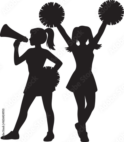 Two cheerleader silhouettes one with megaphone and one with pom poms raised cheerleading