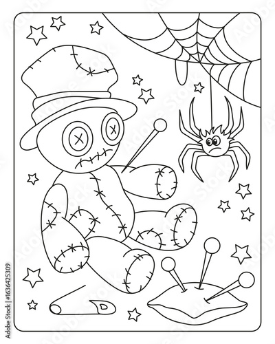 Black and white vector Halloween coloring page with a voodoo doll, spider, cobweb, and stars. Perfect spooky illustration for kids and adults to color.