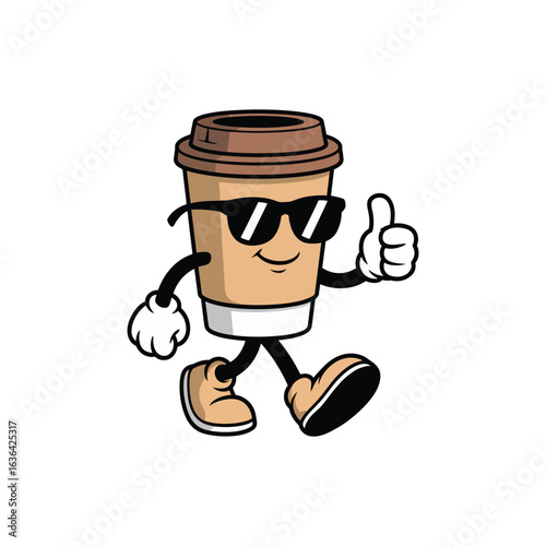 Cartoon coffee cup character wearing sunglasses and walking with thumbs-up gesture, symbolizing energy, positivity, and fun branding