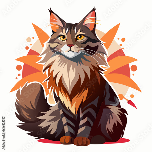 vector illustration of maine coon, sitting, abstract