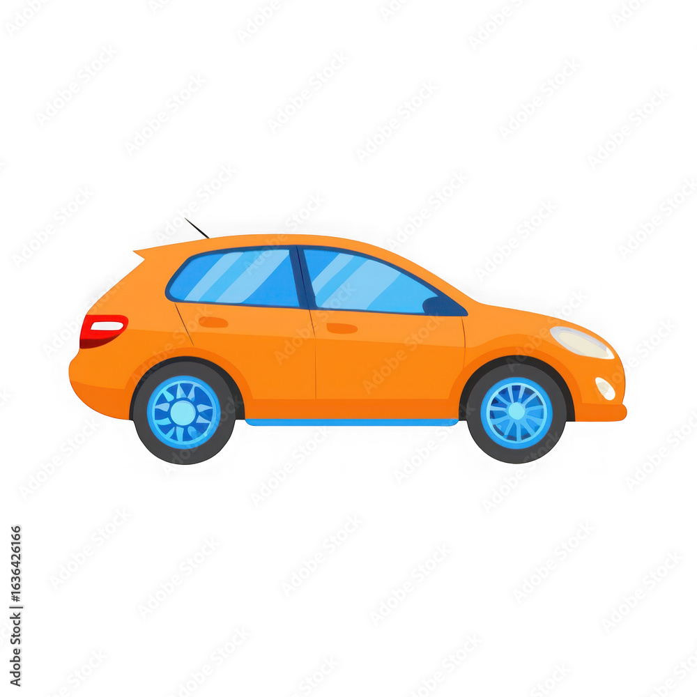 Fototapeta premium Bright orange hatchback car with blue tinted windows isolated on transparent background