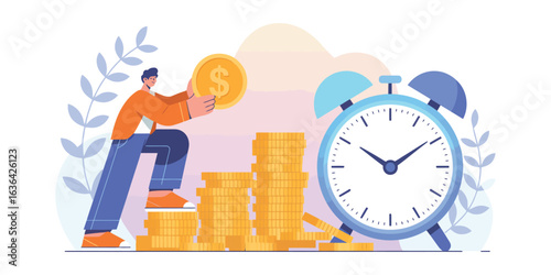 Illustration of person placing coin on stack beside alarm clock, symbolizing saving money, financial growth, and time management concept