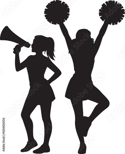 Silhouette cheerleaders with megaphone and pom poms on white background Keywords: cheerleader
