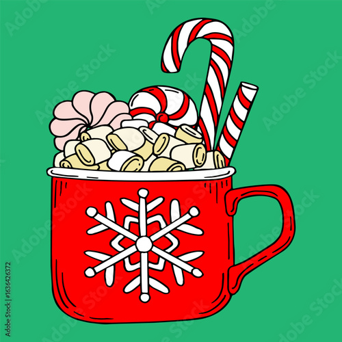 Mug of hot chocolate with marshmallows and candy cane. Hand drawn color flat vector. Merry Christmas sweet food. Traditional dessert. Winter holiday card. Fun celebration. Illustration line art.