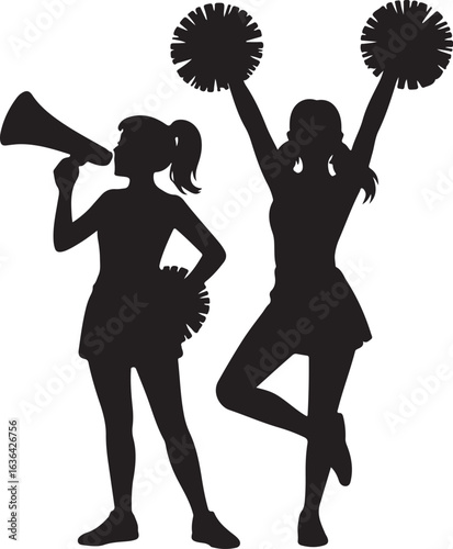 Silhouette cheerleaders with megaphone and pom poms on white background Keywords: cheerleader