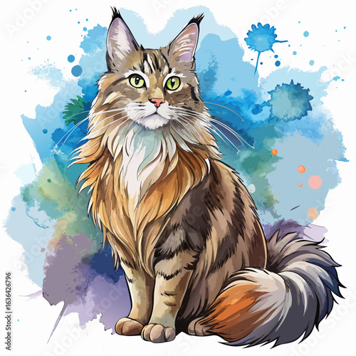 vector illustration of maine coon, climbing, watercolor