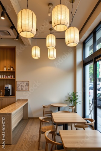 Modern Japanese Coffee Shop Interior with Elegant Lighting Features