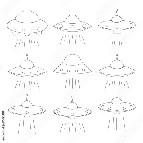 Space UFO Icon Set in Outline Style – Sci-Fi, Alien, Spaceship Line Symbols Collection