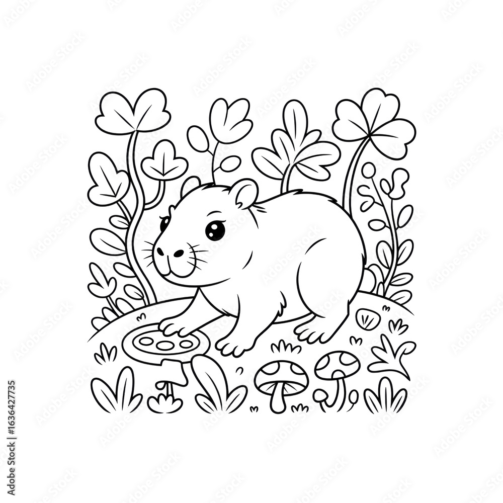 Obraz premium Adorable Cartoon Wombat in Forest Setting Line Art Illustration