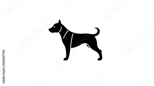 A black silhouette of a dog standing alertly, showcasing a defined posture and breed characteristics.
