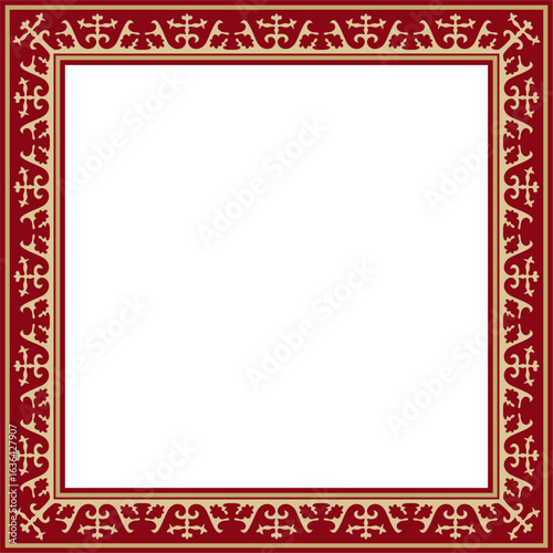 Vector red with gold Square Kazakh national ornament. Ethnic pattern of the peoples of the Great Steppe, Mongols, Kyrgyz, Kalmyks, Buryats. Square frame border.
