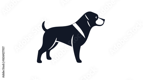 A stylized silhouette of a black dog, standing alert, wearing a collar.