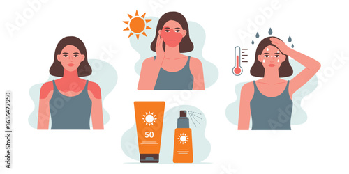 Illustration showing sunburn symptoms and sunscreen protection, emphasizing heat safety and skin care during summer or outdoor exposure