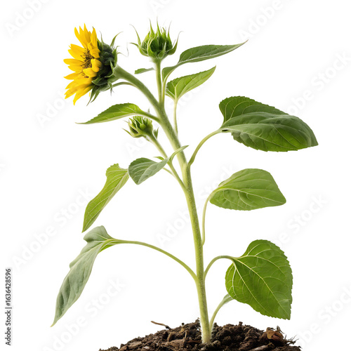 A whole single sunflower sprout isolated on a transparent background