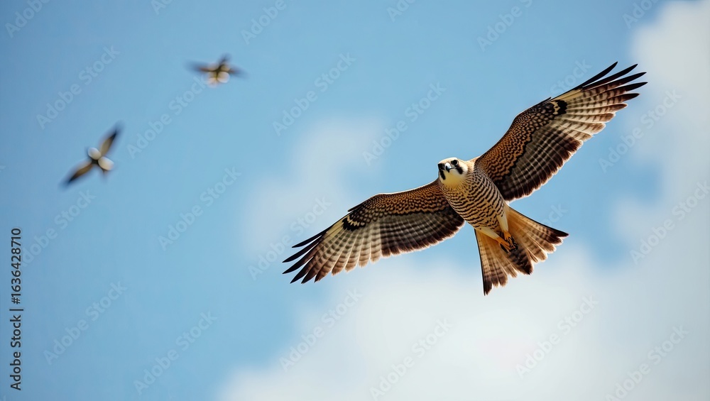 Fototapeta premium A bird of prey soars through a clear sky.