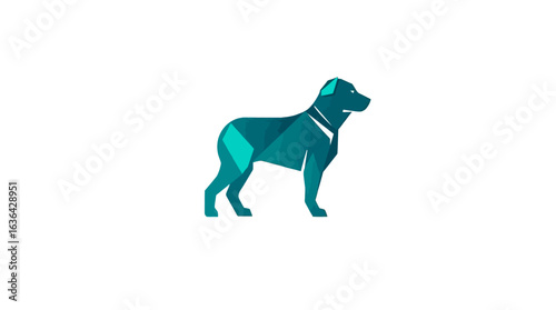 Geometric teal dog illustration, standing in profile against a white background.