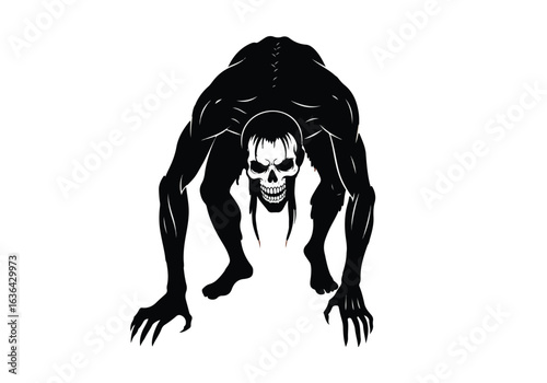 A terrifying black monster with a skull face, crouched low on all fours, isolated on a white background