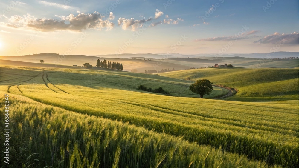 Obraz premium Idyllic Tuscan Landscape with Rolling Green Hills at Sunrise