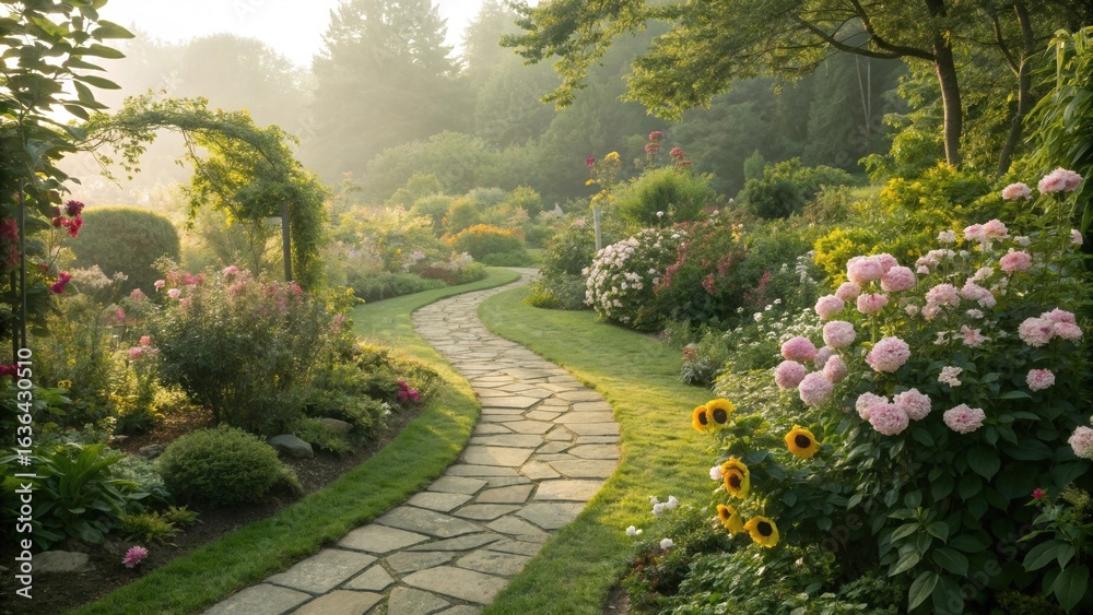 Obraz premium Winding Stone Path Through a Beautiful Garden at Sunrise
