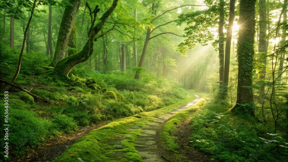 Fototapeta premium Magical Green Forest Path Illuminated by Sunbeams