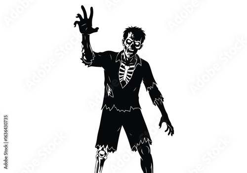 A frightening zombie with tattered clothes and outstretched arms, isolated on white background