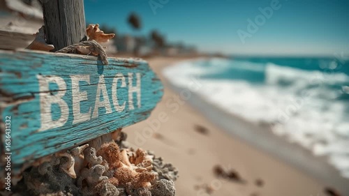 Weathered beach signpost overlooking sandy shore and ocean waves  