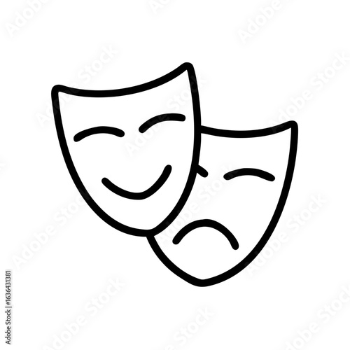 Two theatrical masks symbolizing comedy and tragedy in line art  