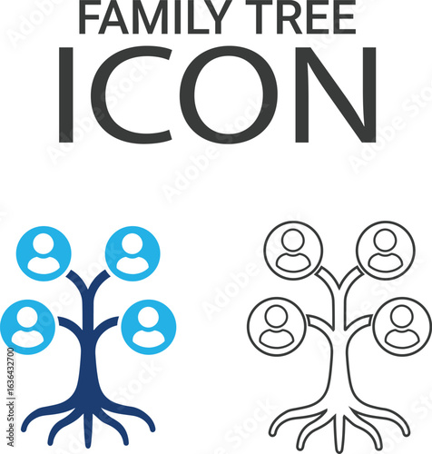 Family tree Line art icons design. Containing parents, mother, father, children, baby, grandparents, and household icons. Solid icon collection. Vector illustration.