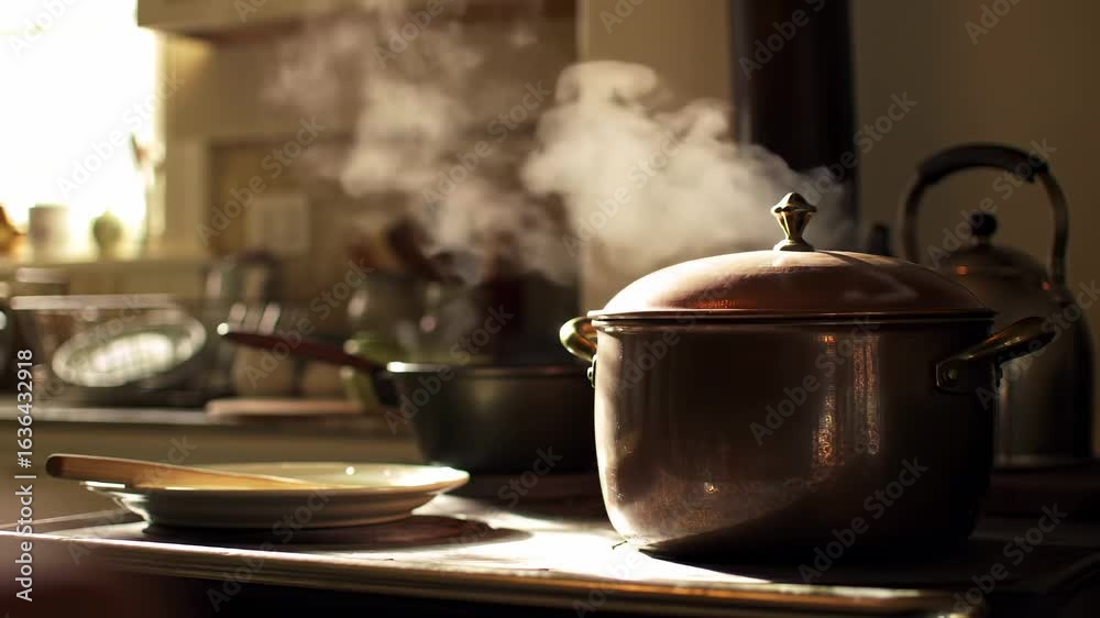 Steaming pot in a sunlit kitchen Steaming pot in a sunlit kitchen