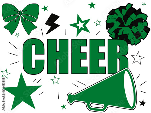  green and white bow, Cheerleading illustration .pom-poms, a cheerleading uniform, a megaphone. Vector cheerleading illustration.