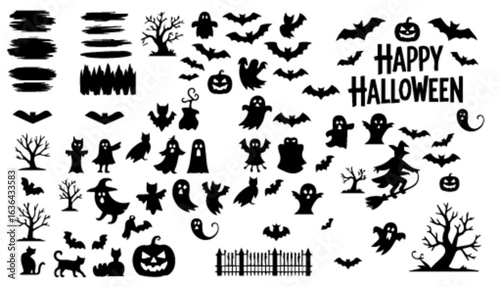 set of Halloween items, Halloween, ghosts, bats, pumpkin