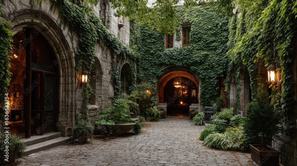 Naklejka premium Stone courtyard with archway and lush greenery