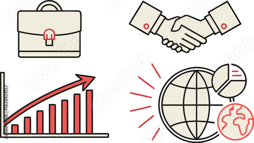 Business themed icons showing briefcase, handshake, graph and globe with pie chart and earth 100 chars