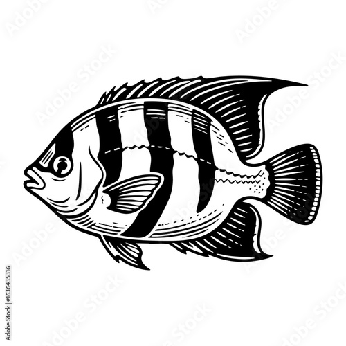 Hand drawn of angelfish stripped black and white swimming isolated on white background. Vector illustration in sketch style