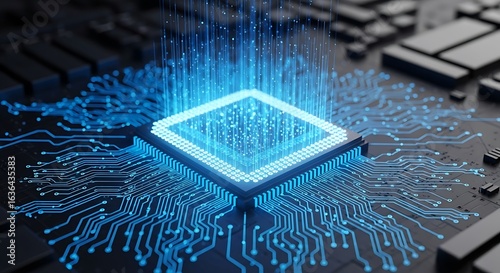 Closeup of a glowing blue computer processor chip on a motherboard, symbolizing advanced technology and data processing