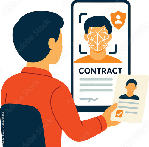 Identity verification with photo ID and facial scan Illustration