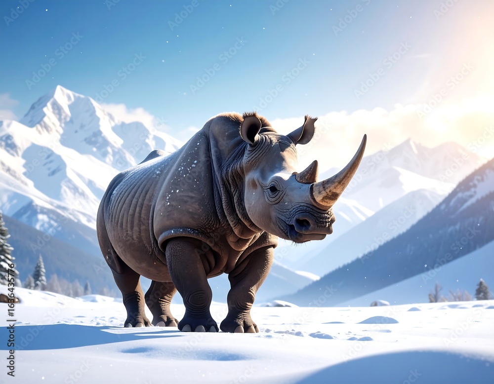 Fototapeta premium Majestic rhino in snowy mountain landscape