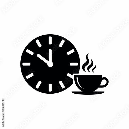 Black silhouette of a clock and a steaming coffee cup